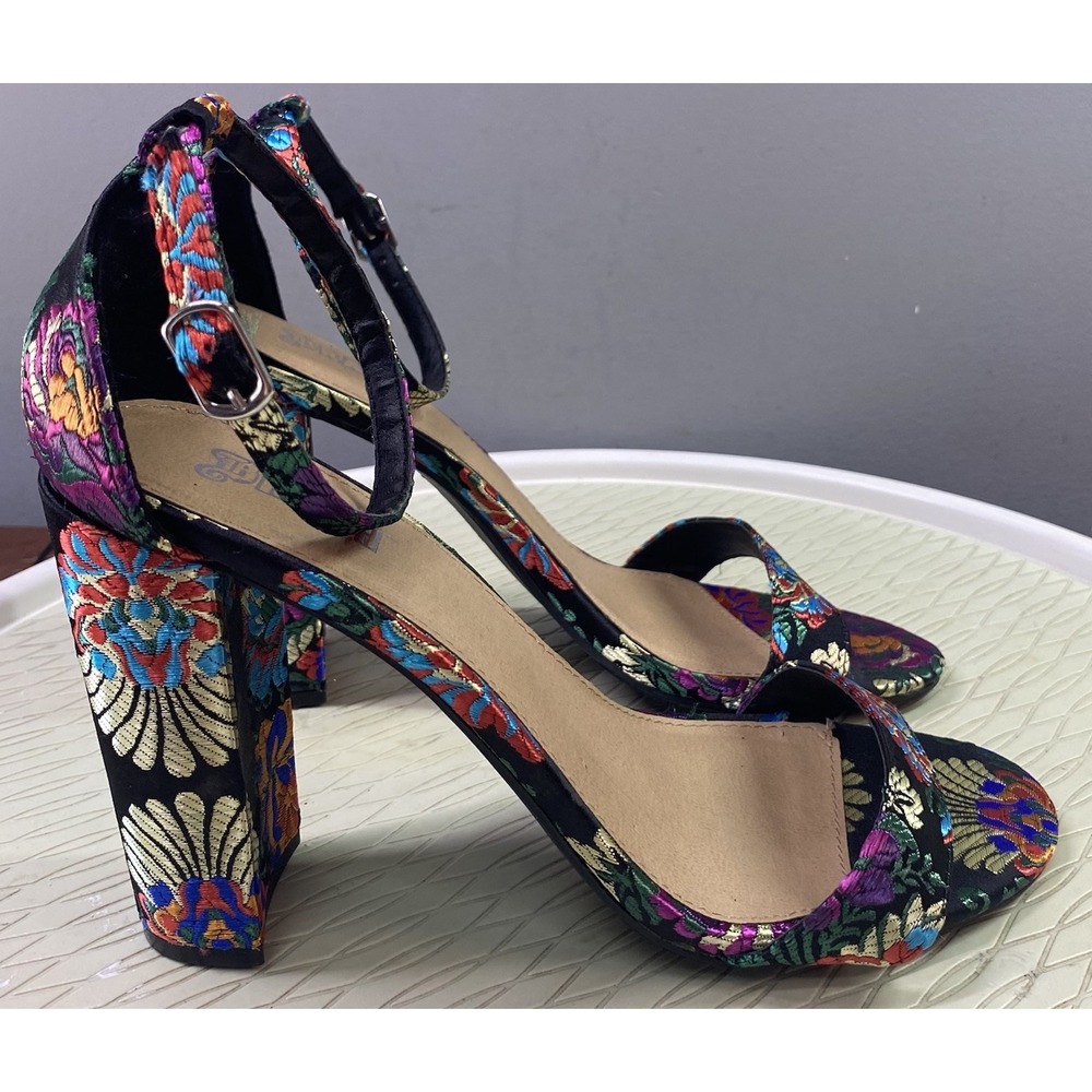 Brash Womens Metallic Floral Brocade chunky heel Dress Shoes Wedding Formal 9.5